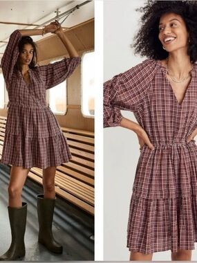 Madewell Women's new with tags size medium Plaid Tiered Popover Dress - Burgun